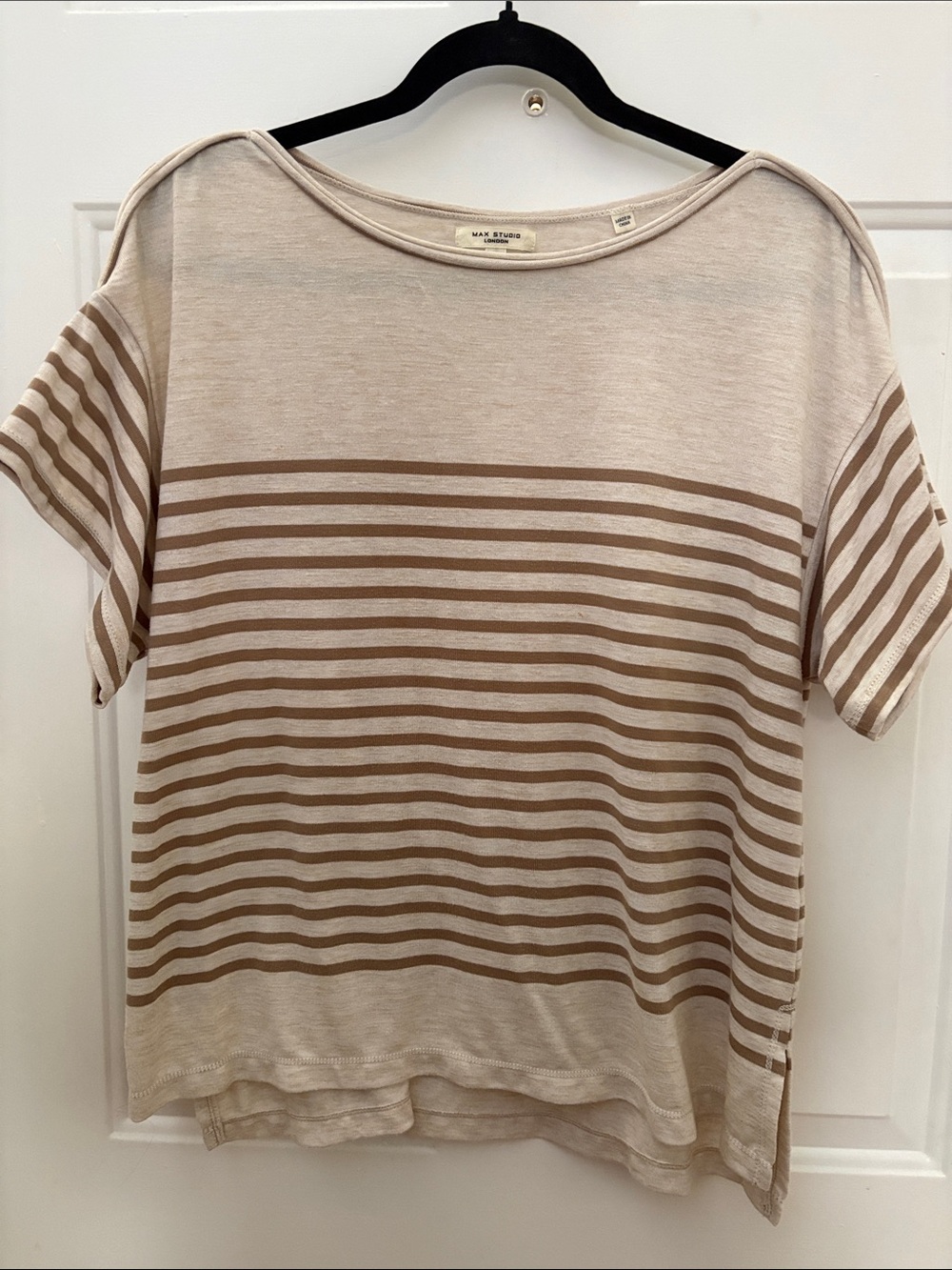 Max Studio Neutral Stripe Short Sleeve Tee in Beige and Taupe
